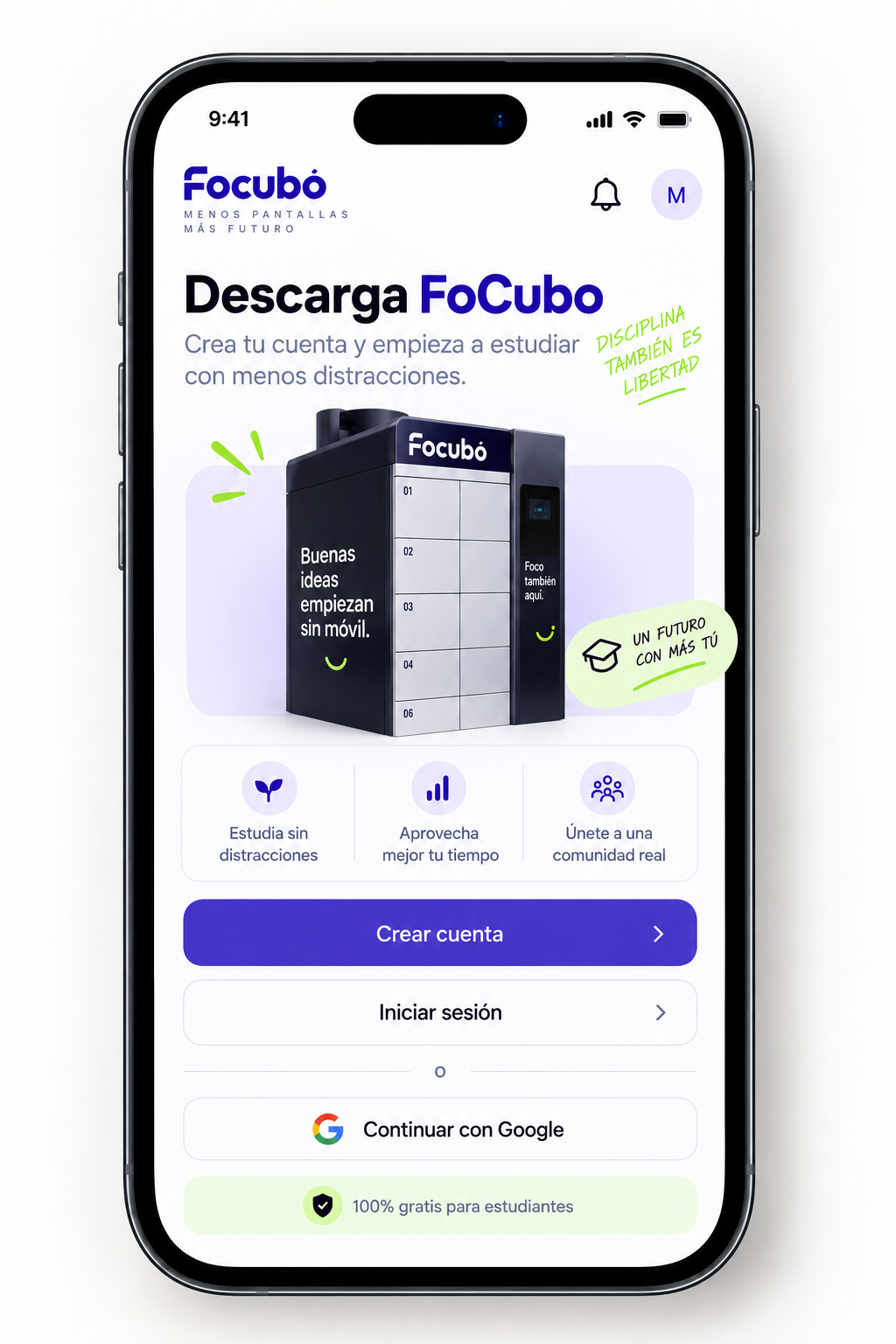 Pantalla de Focubo para crear una cuenta e iniciar la experiencia