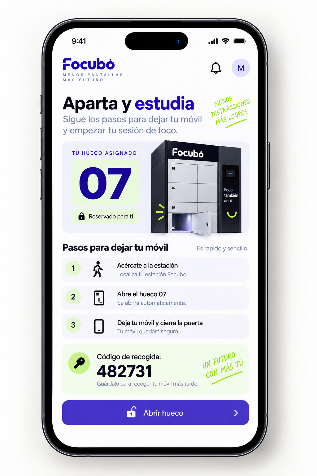 Pantalla de Focubo con el hueco 07 asignado y pasos para guardar el móvil