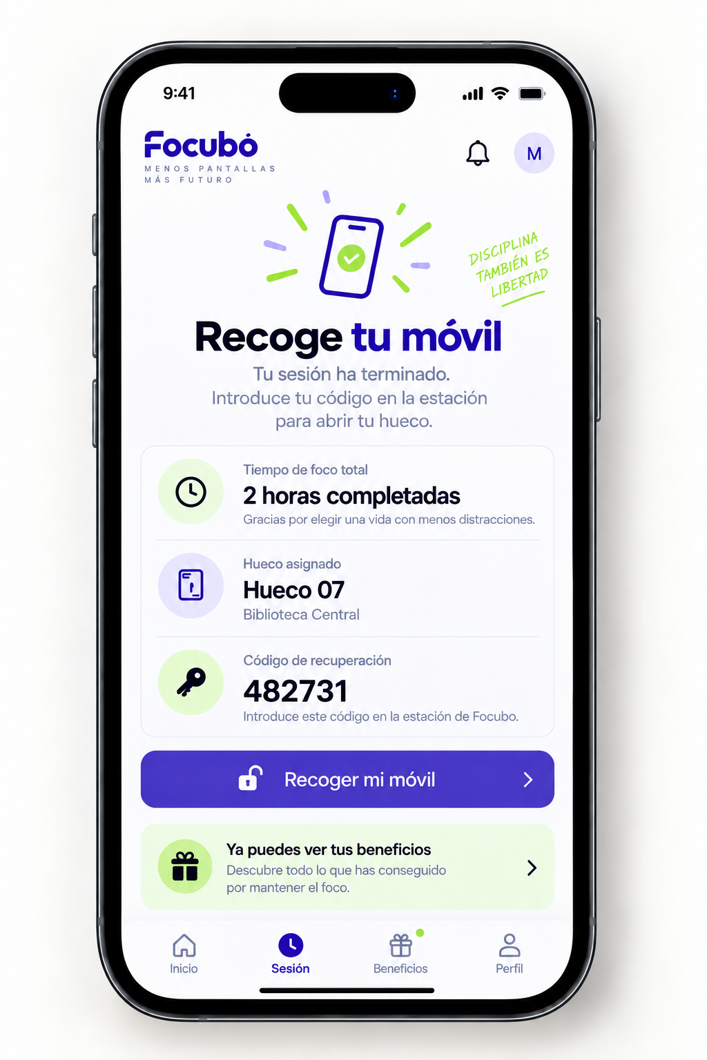 Pantalla de Focubo al terminar la sesión con el código y la opción de recoger el móvil